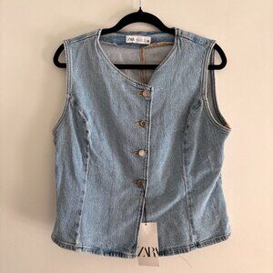Zara Denim Vest XL Button Front Fitted Light Wash 90s Waistcoat BNWT